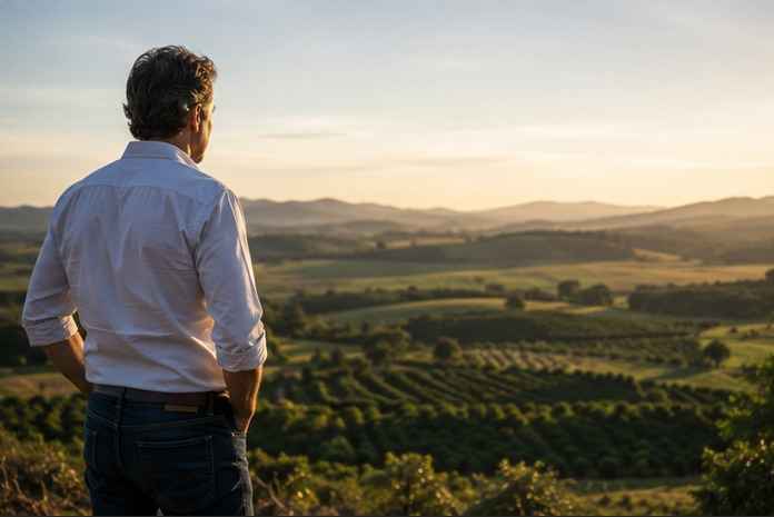 Produtor rural observando a propriedade ao pôr do sol